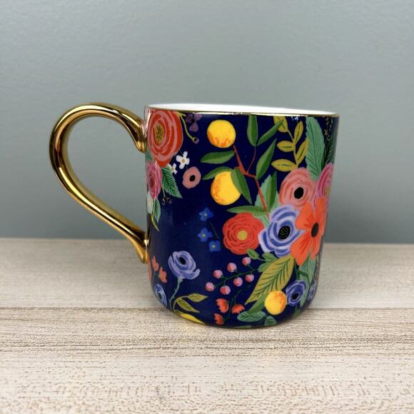 Anthropologie x Rifle Paper Co T Initial Mug Boho Floral Blue Coffee Cup Anthro - Picture 7 of 12